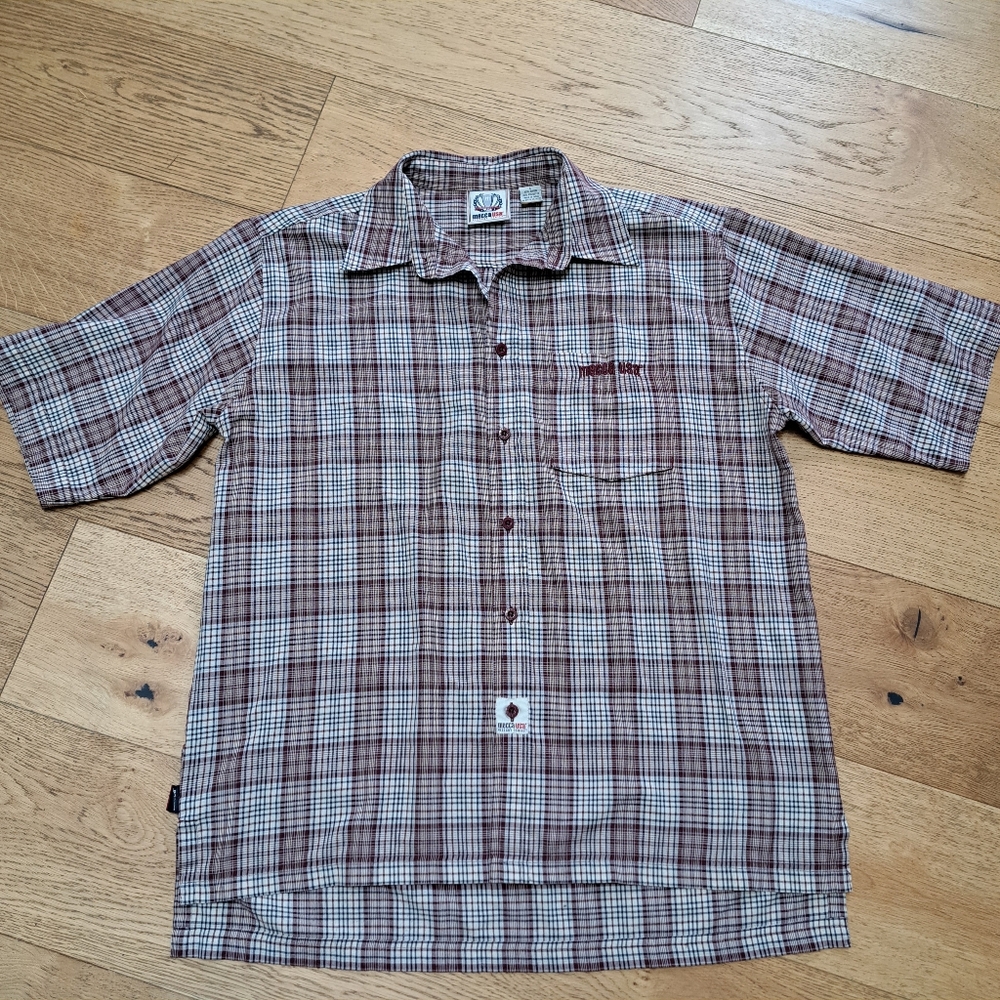 Vtg Mecca USA Burgundy Plaid 90s HipHop Skater Button Down Shortsleeve Shirt L